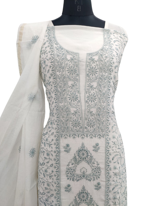 Shyamal Chikan Hand Embroidered White Mul Chanderi Lucknowi Chikankari Unstitched Suit Piece with Jaali Work (Kurta Dupatta Set) - S23722