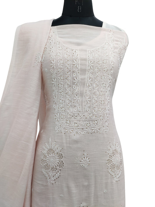 Shyamal Chikan Hand Embroidered Fawn Mul Chanderi Lucknowi Chikankari Unstitched Suit Piece with Pearl & Sequin Work (Kurta Dupatta Set)S22288