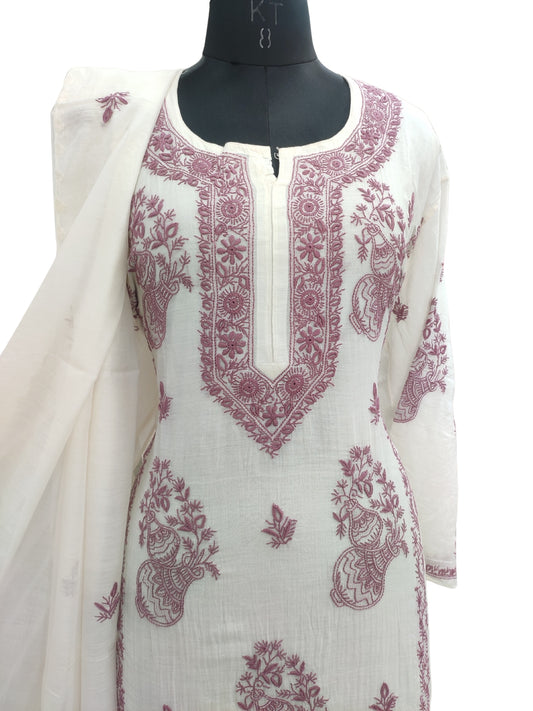 Shyamal Chikan Hand Embroidered White Mul Chanderi Lucknowi Chikankari semi stitched Suit Piece (Kurta Dupatta Set) - S25448