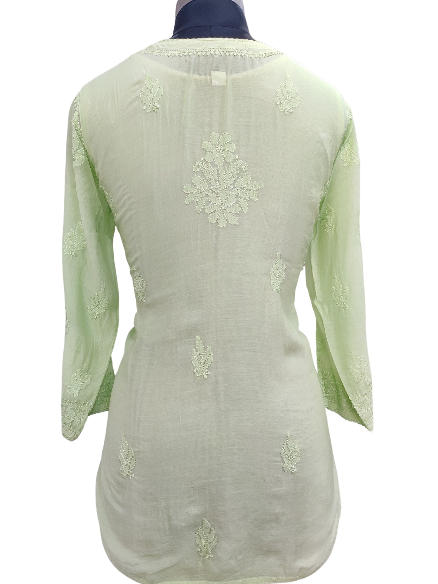 Shyamal Chikan Hand Embroidered Green Muslin Lucknowi Chikankari Short Top - 23496