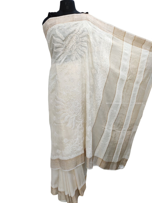 Shyamal Chikan Hand Embroidered Every White Pure Silk Lucknowi Chikankari Saree With Blouse Piece- S22644