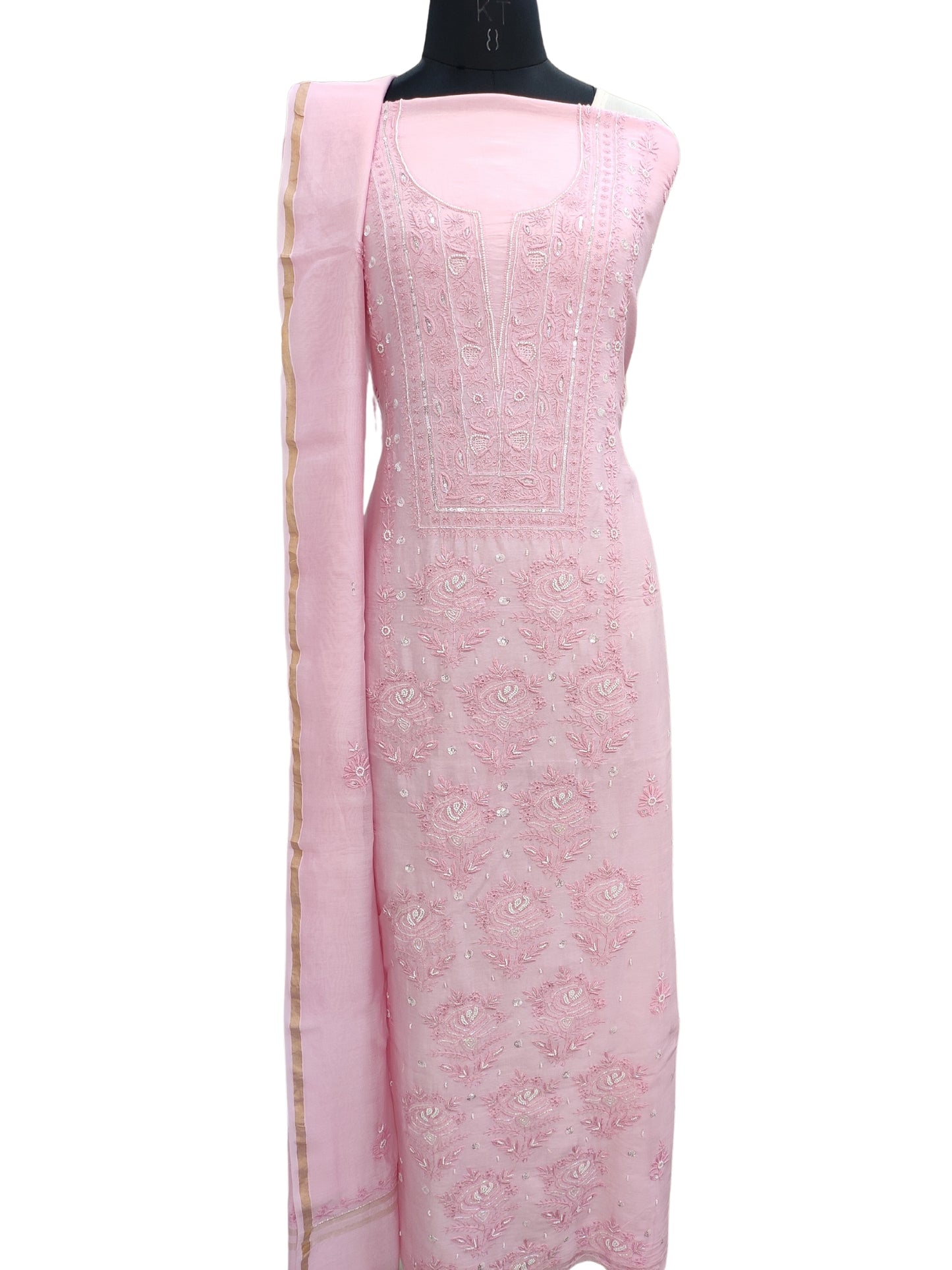 Shyamal Chikan Hand Embroidered Pink Chanderi Lucknowi Chikankari Unstitched Suit Piece with Pearl & Sequin Work (Set of 2) - S19390
