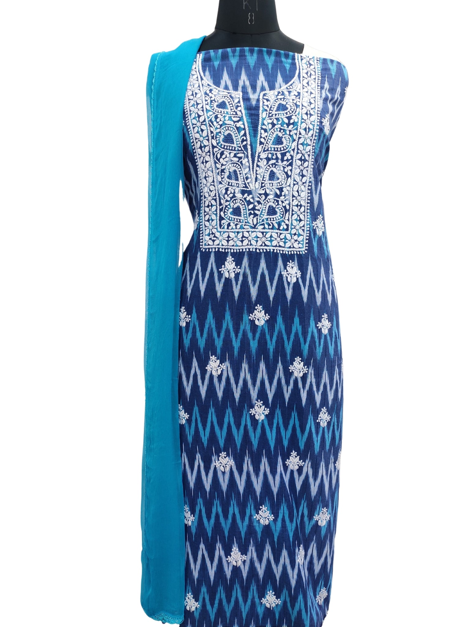 Shyamal Chikan Hand Embroidered Blue Ikat Cotton Lucknowi Chikankari Unstitched Suit Piece - S20448