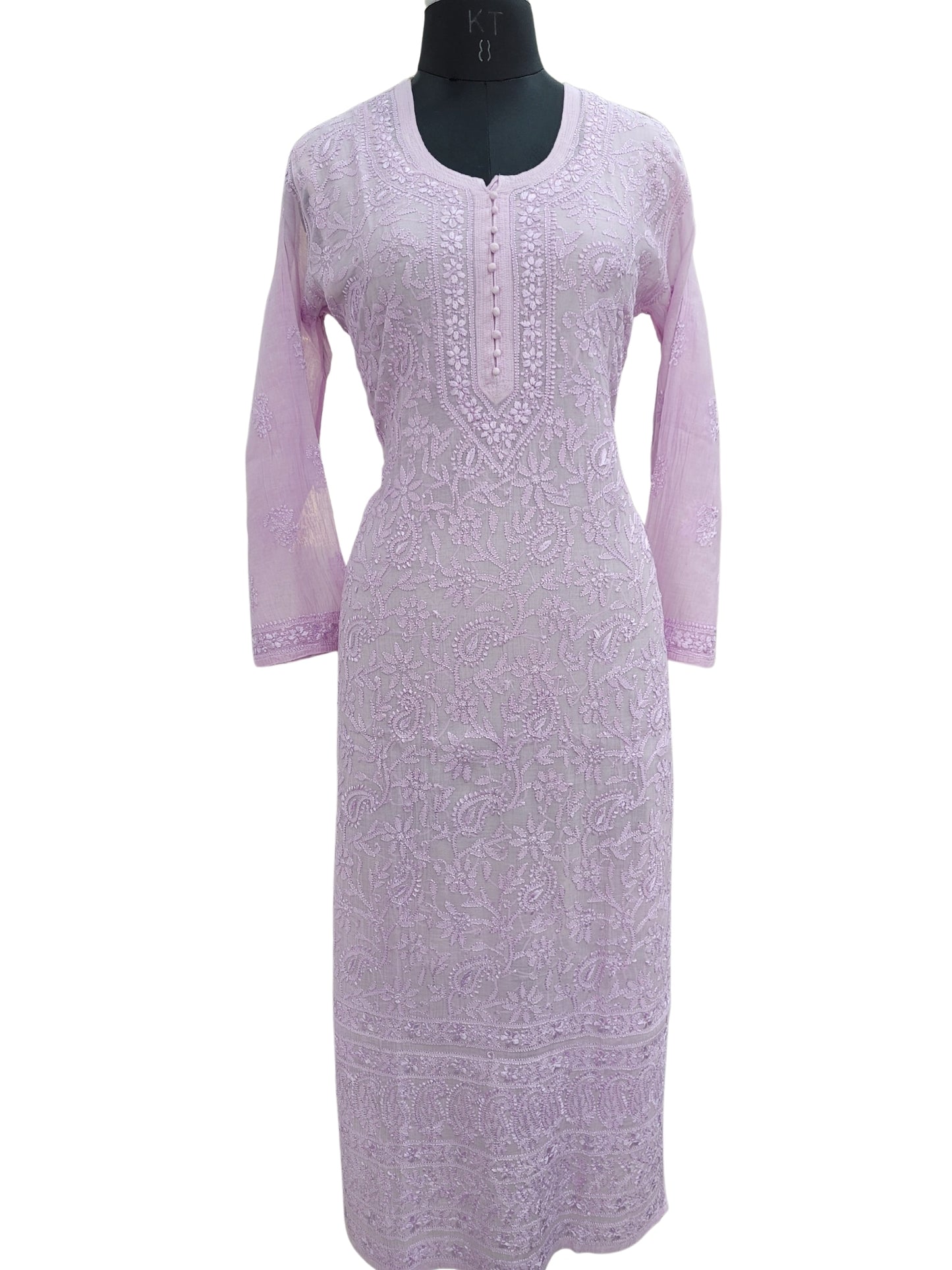 Shyamal Chikan Hand Embroidered Lavender Mul Chanderi Lucknowi Chikankari Kurti - S24707