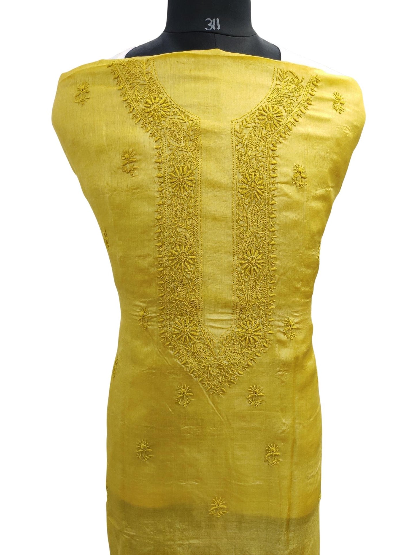 Shyamal Chikan Hand Embroidered Green Pure Tusser Silk Lucknowi Chikankari Unstitched Men's Kurta Piece – S20935