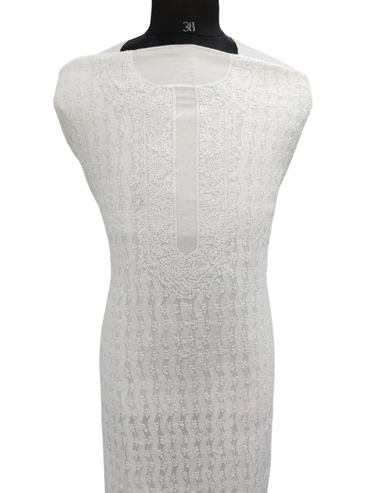 Shyamal Chikan Hand Embroidered White Mul Chanderi Lucknowi Chikankari Unstitched Men's Kurta Piece – S26491