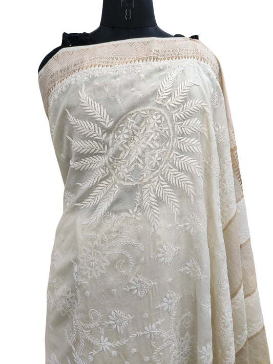 Shyamal Chikan Hand Embroidered Every White Pure Silk Lucknowi Chikankari Saree With Blouse Piece- S22644