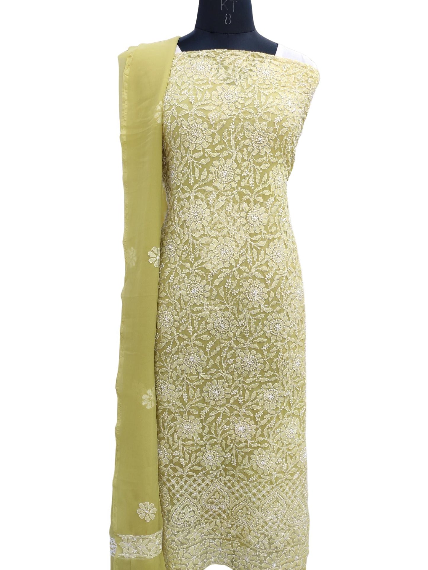 Shyamal Chikan Hand Embroidered Mahendi Green Georgette Lucknowi Chikankari Unstitched Suit Piece - S20240