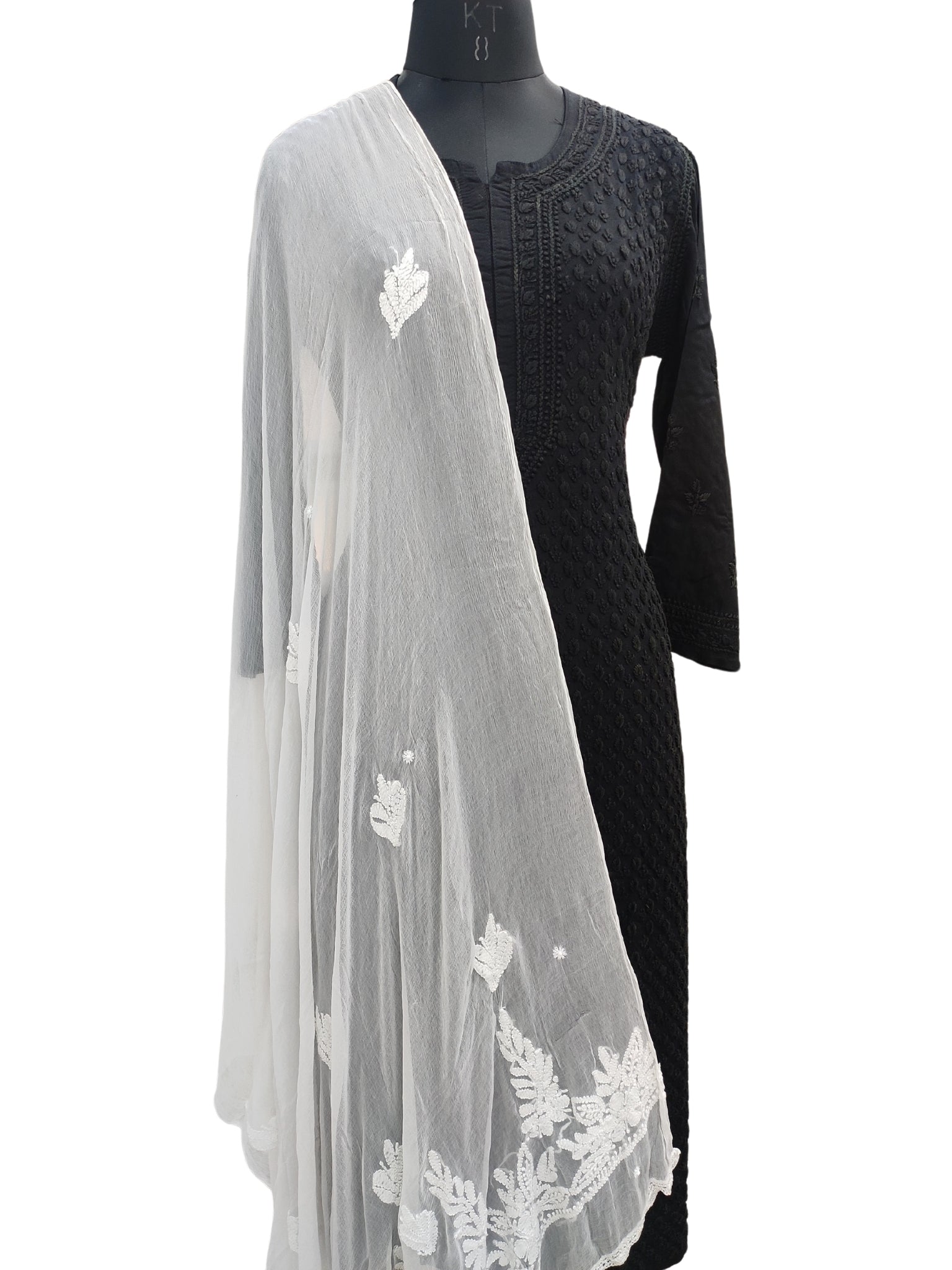 Shyamal Chikan Hand Embroidered White Pure Chiffon Lucknowi Chikankari Dupatta - 23347