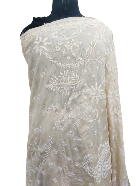 Shyamal Chikan Hand Embroidered Beige Pure Desi Tusser Silk Lucknowi Chikankari Saree With Blouse Piece- S22434