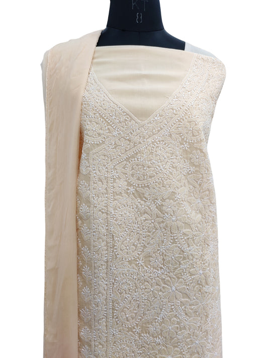 Shyamal Chikan Hand Embroidered Beige Cotton Lucknowi Chikankari Unstitched Angrakha Style Suit Piece- S21846