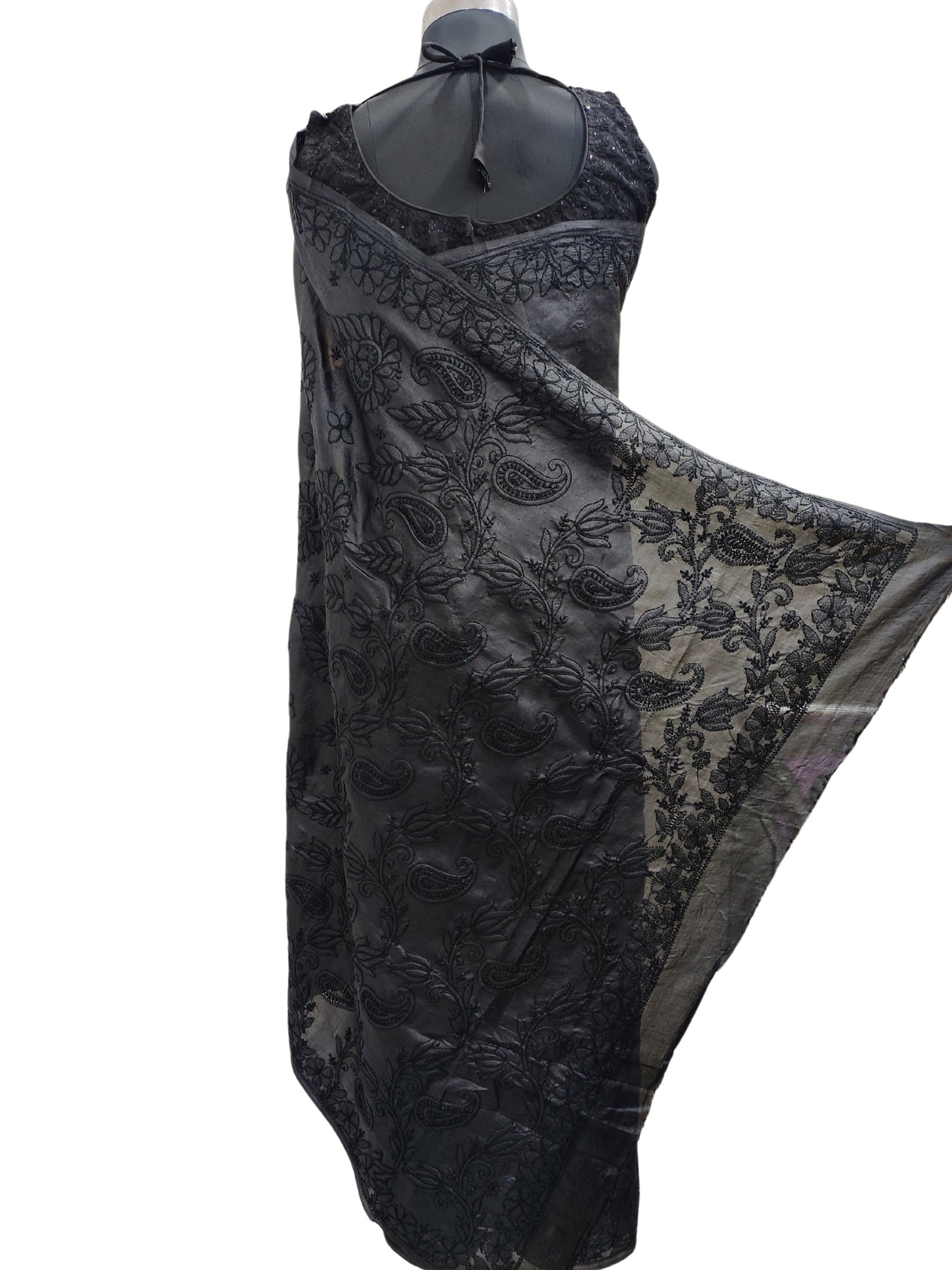Shyamal Chikan Hand Embroidered Black Pure Tusser Silk Lucknowi Chikankari Saree With Blouse Piece- S21535