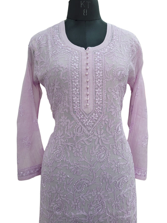 Shyamal Chikan Hand Embroidered Lavender Mul Chanderi Lucknowi Chikankari Kurti - S24707