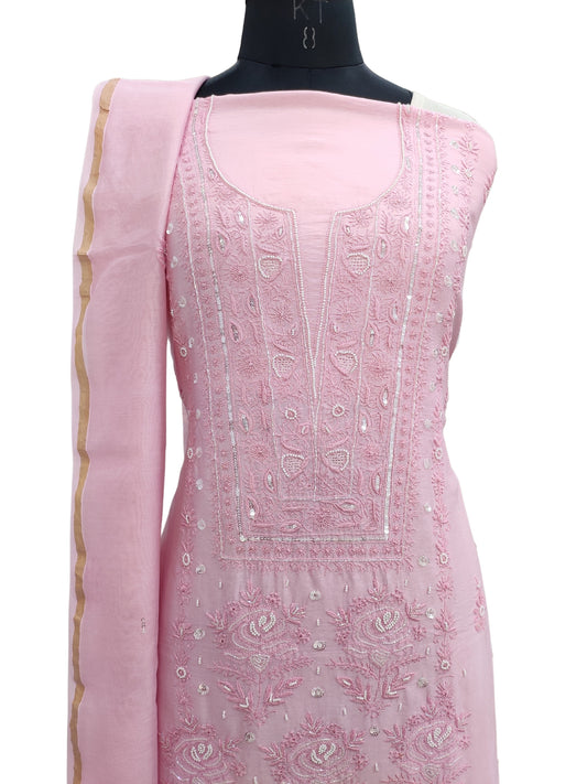 Shyamal Chikan Hand Embroidered Pink Chanderi Lucknowi Chikankari Unstitched Suit Piece with Pearl & Sequin Work (Kurta Dupatta Set) - S19390