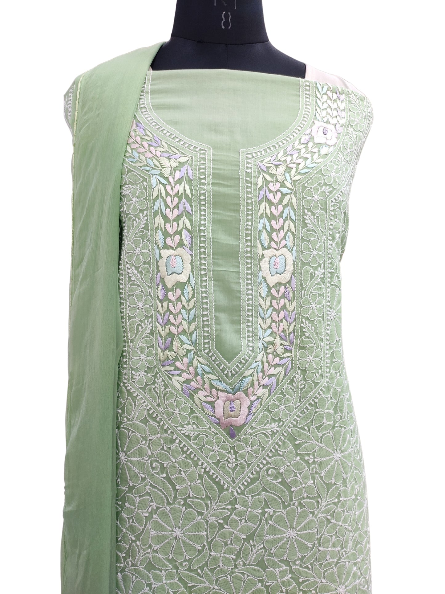 Shyamal Chikan Hand Embroidered Green Cotton Lucknowi Chikankari Unstitched Suit Piece With Parsi Work - S20742