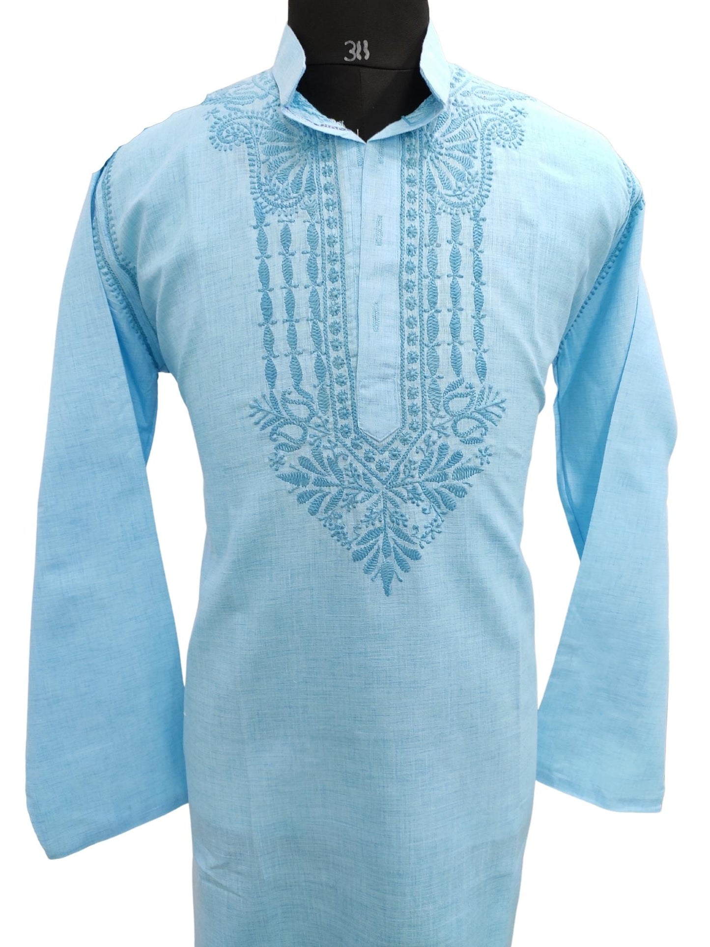 Shyamal Chikan Hand Embroidered Blue Cotton Lucknowi Chikankari Men's Kurta – S21222