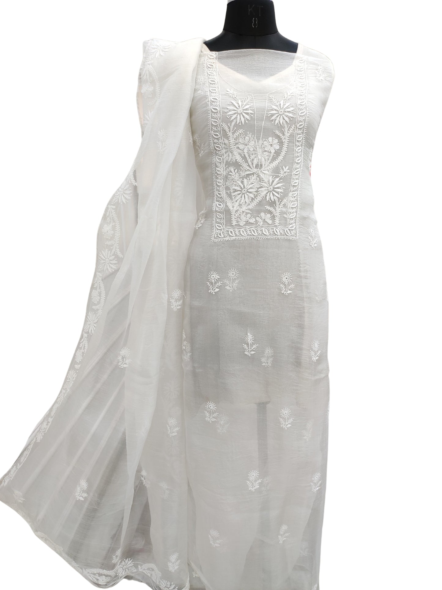 Shyamal Chikan Hand Embroidered White Organza Lucknowi Chikankari Unstitched Suit Piece (Kurta Dupatta Set) - S21366