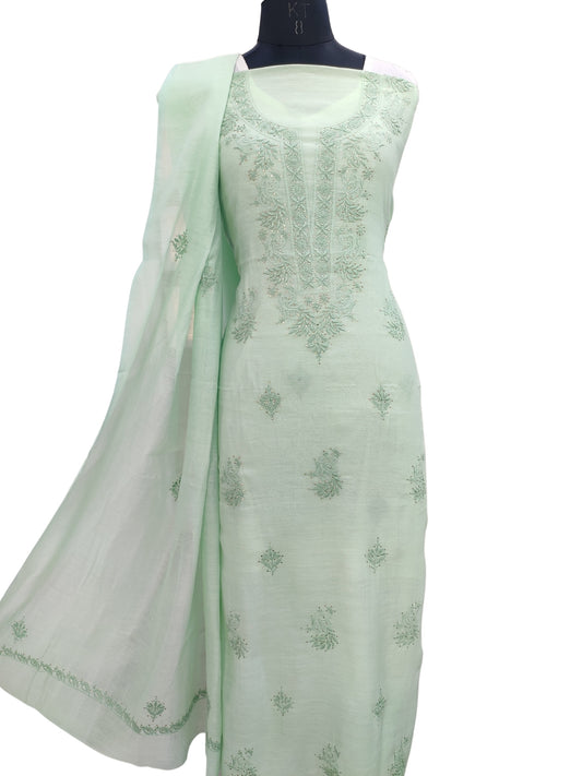 Shyamal Chikan Hand Embroidered Green Mul Chanderi Lucknowi Chikankari Unstitched Suit Piece With Mukaish Work (Kurta Dupatta Set) - 23895