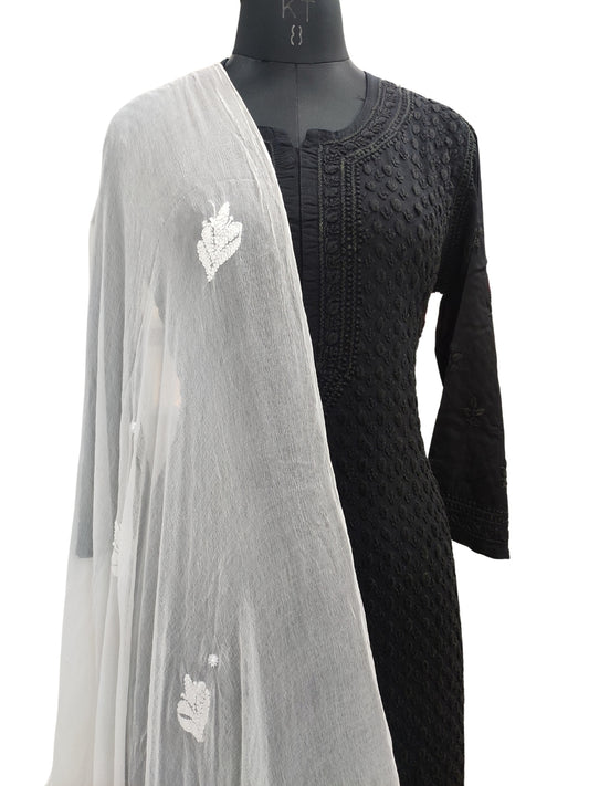 Shyamal Chikan Hand Embroidered White Pure Chiffon Lucknowi Chikankari Dupatta - 23347