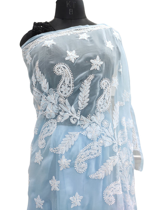 Shyamal Chikan Hand Embroidered Blue Georgette Lucknowi Chikankari Saree With Blouse Piece - S23162