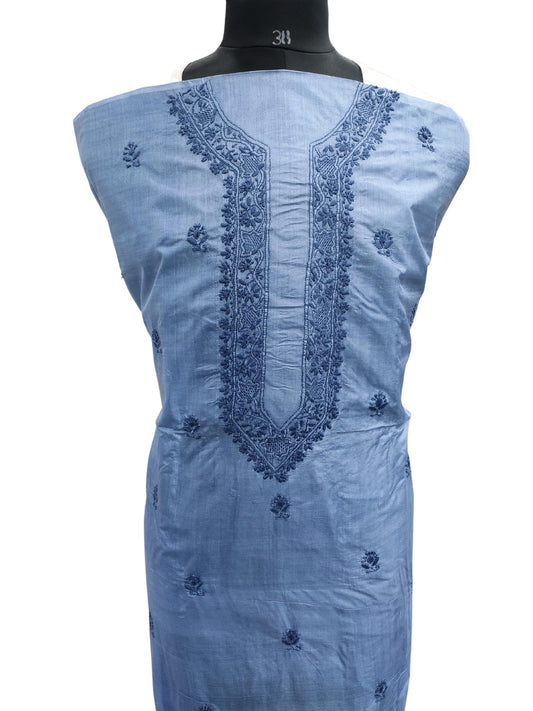 Shyamal Chikan Hand Embroidered Blue Pure Tusser Silk Lucknowi Chikankari Unstitched Men's Kurta Piece – S21359