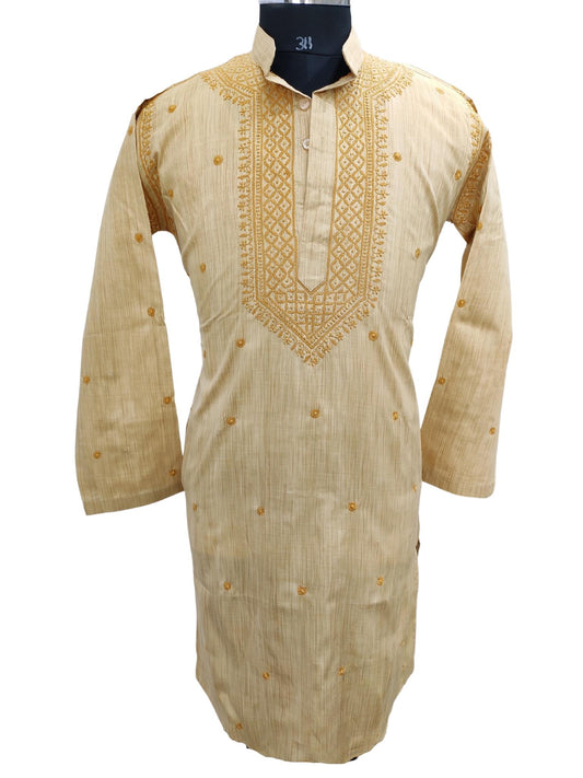 Shyamal Chikan Hand Embroidered Beige Cotton Lucknowi Chikankari Men's Kurta – S21189