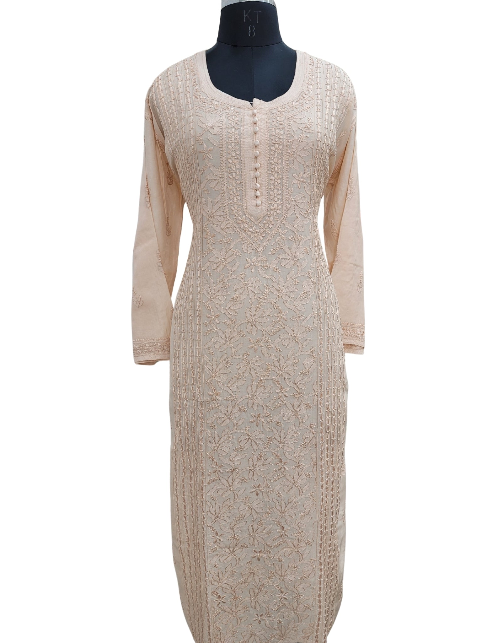 Shyamal Chikan Hand Embroidered Beige Muslin Lucknowi Chikankari Kurti - S24235