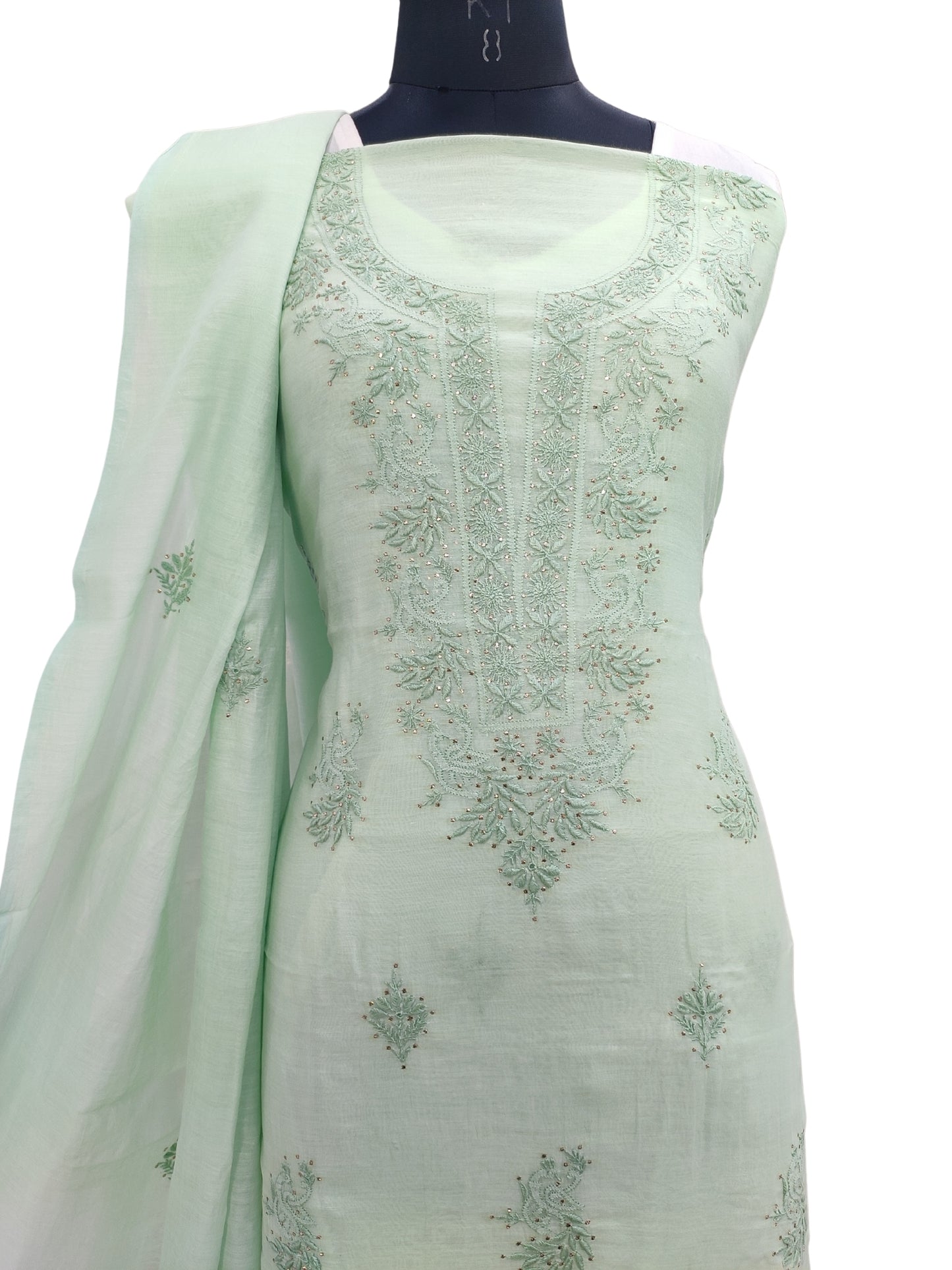 Shyamal Chikan Hand Embroidered Green Mul Chanderi Lucknowi Chikankari Unstitched Suit Piece With Mukaish Work (Kurta Dupatta Set) - 23895