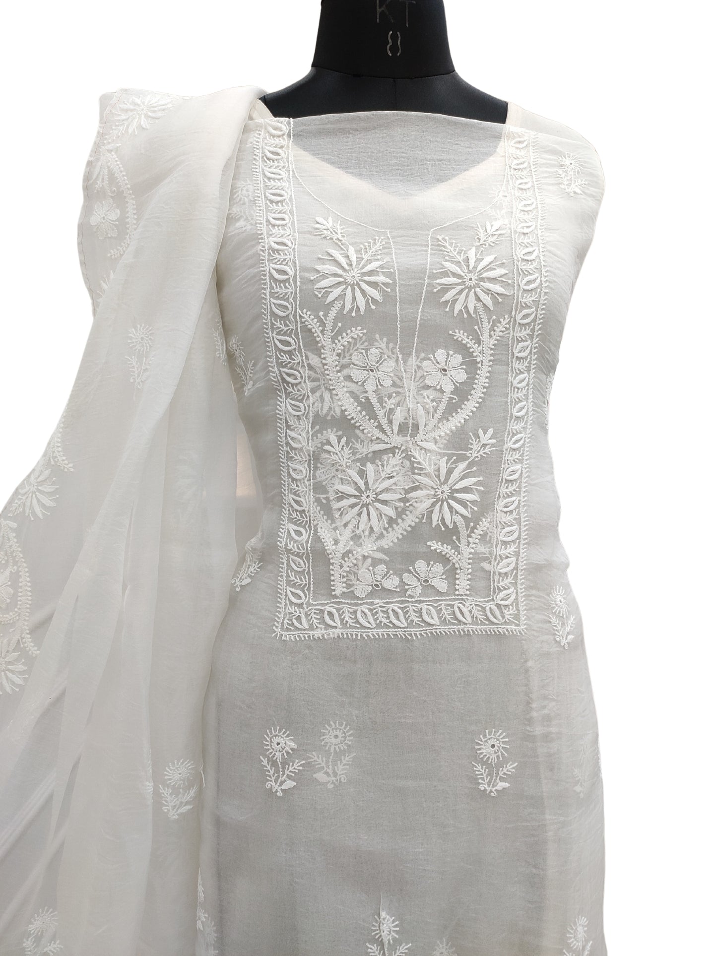 Shyamal Chikan Hand Embroidered White Organza Lucknowi Chikankari Unstitched Suit Piece (Kurta Dupatta Set)  - S21366
