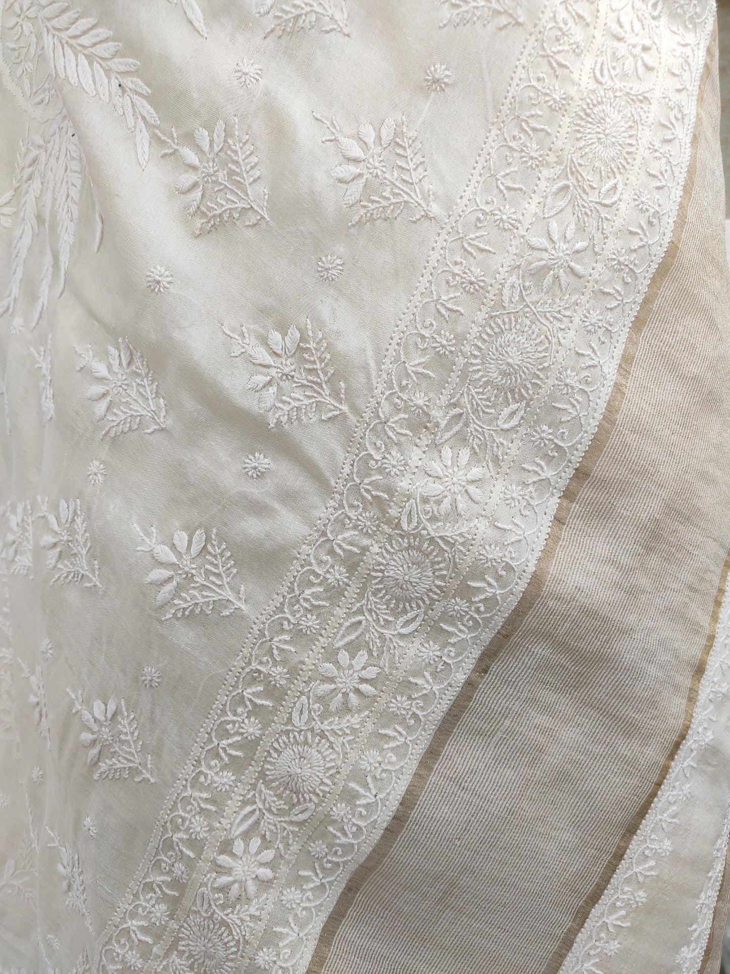 Shyamal Chikan Hand Embroidered Every White Pure Silk Lucknowi Chikankari Saree With Blouse Piece- S22644