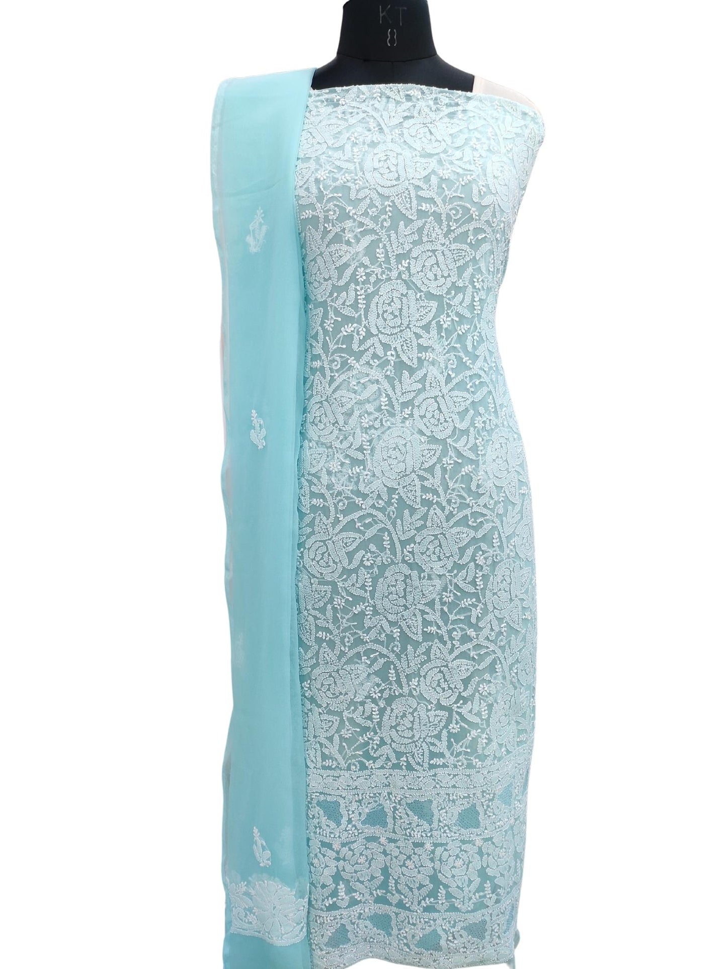 Shyamal Chikan Hand Embroidered Blue Georgette Lucknowi Chikankari Unstitched Suit Piece - S20241