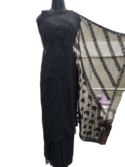 Shyamal Chikan Hand Embroidered Black Georgette Lucknowi Chikankari Saree With Blouse Piece - S21616
