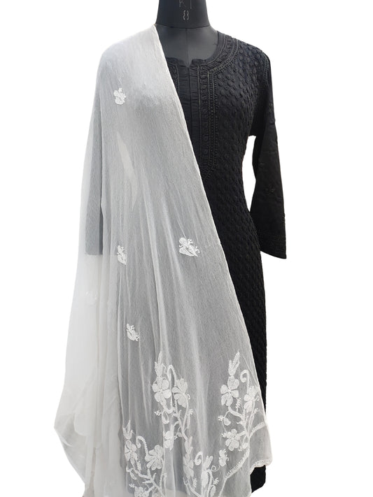 Shyamal Chikan Hand Embroidered White Pure Chiffon Lucknowi Chikankari Dupatta - 23360