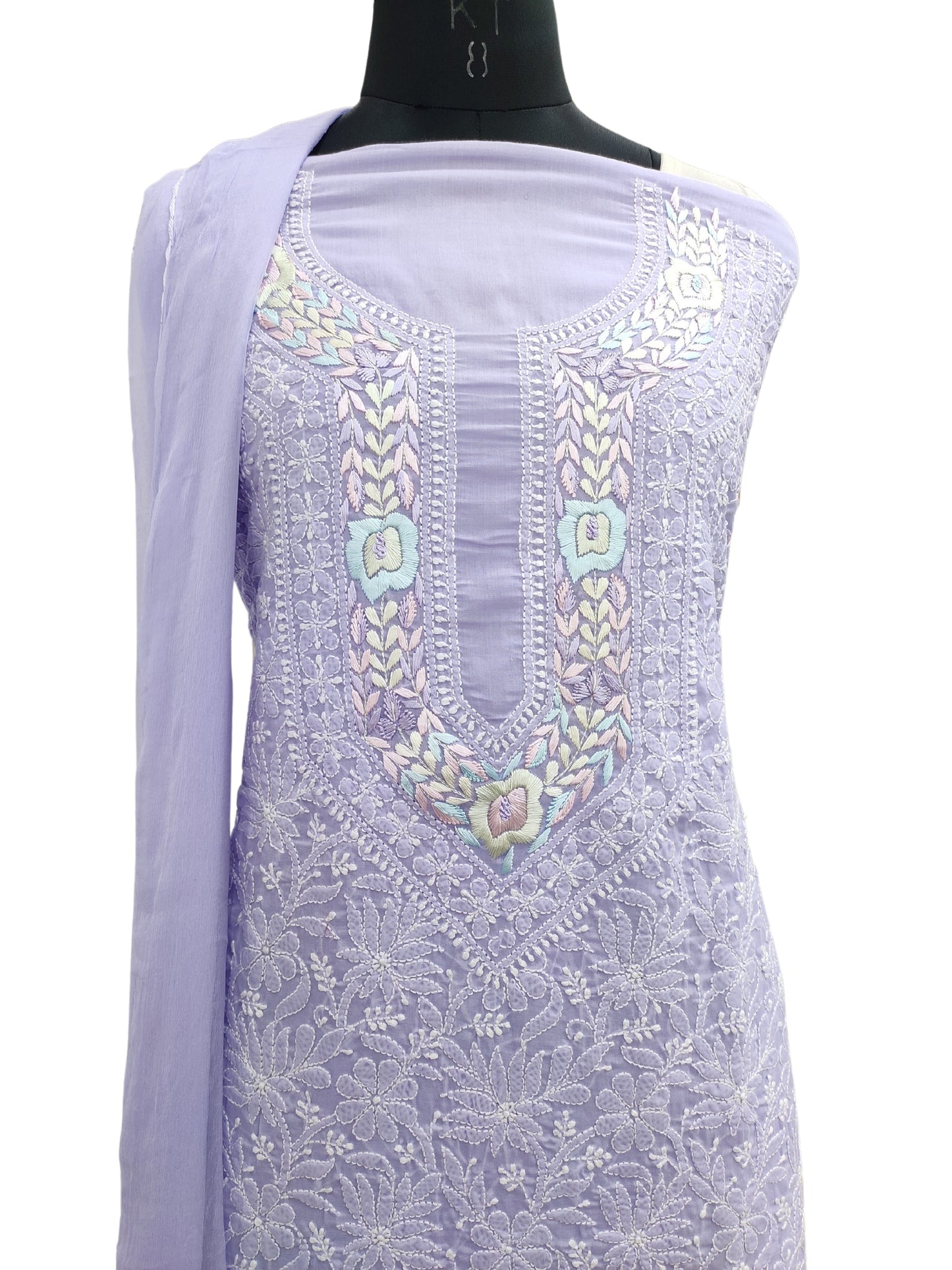 Shyamal Chikan Hand Embroidered Purple Cotton Lucknowi Chikankari Unstitched Suit Piece With Parsi Work - S20290