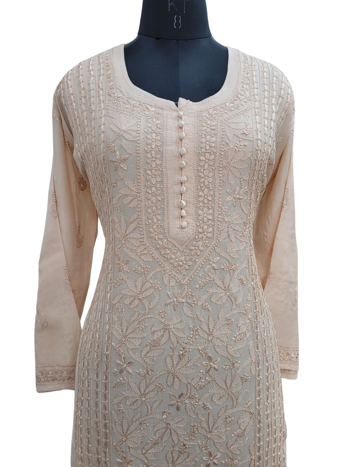 Shyamal Chikan Hand Embroidered Beige Muslin Lucknowi Chikankari Kurti - S24235