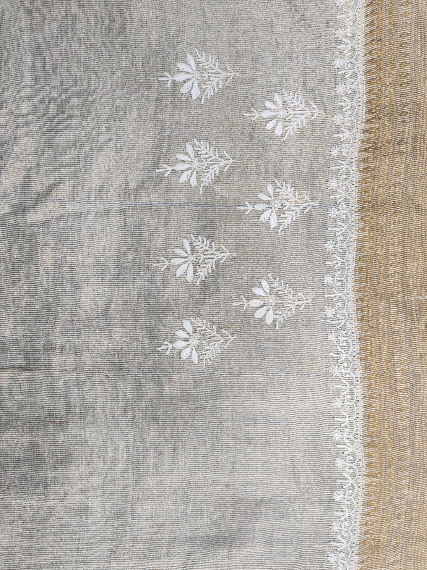 Shyamal Chikan Hand Embroidered Every White Pure Silk Lucknowi Chikankari Saree With Blouse Piece- S22644