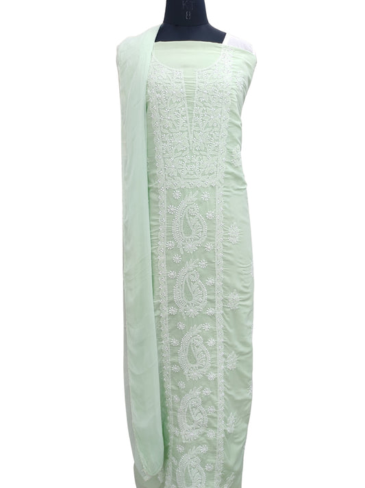 Shyamal Chikan Hand Embroidered Green Cotton Lucknowi Chikankari Unstitched Suit Piece With Jaali Work - S22600