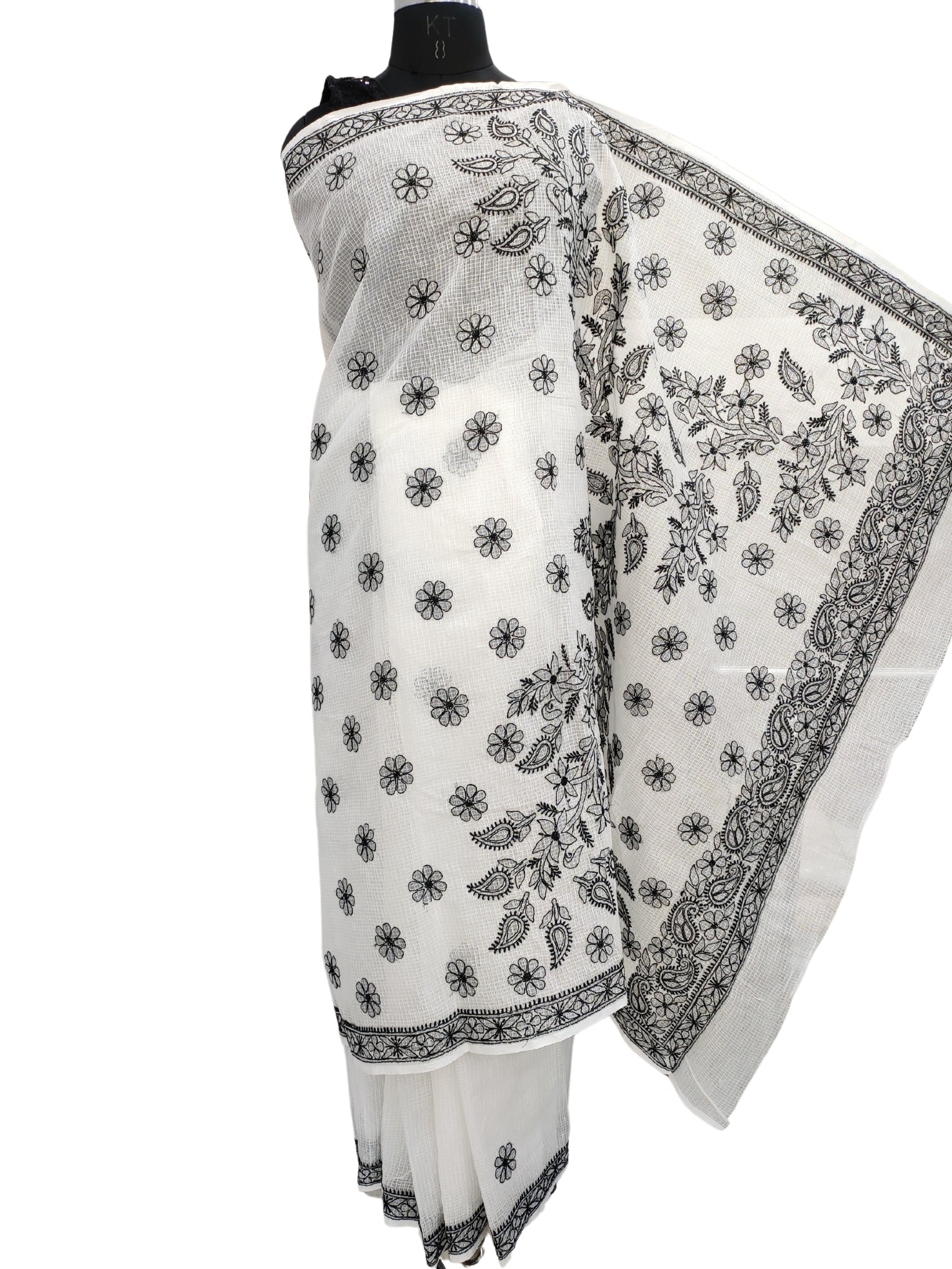 Shyamal Chikan Hand Embroidered White Kota Cotton Lucknowi Chikankari Saree With Blouse Piece - S22624