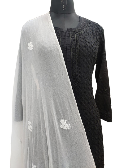 Shyamal Chikan Hand Embroidered White Pure Chiffon Lucknowi Chikankari Dupatta - 23360