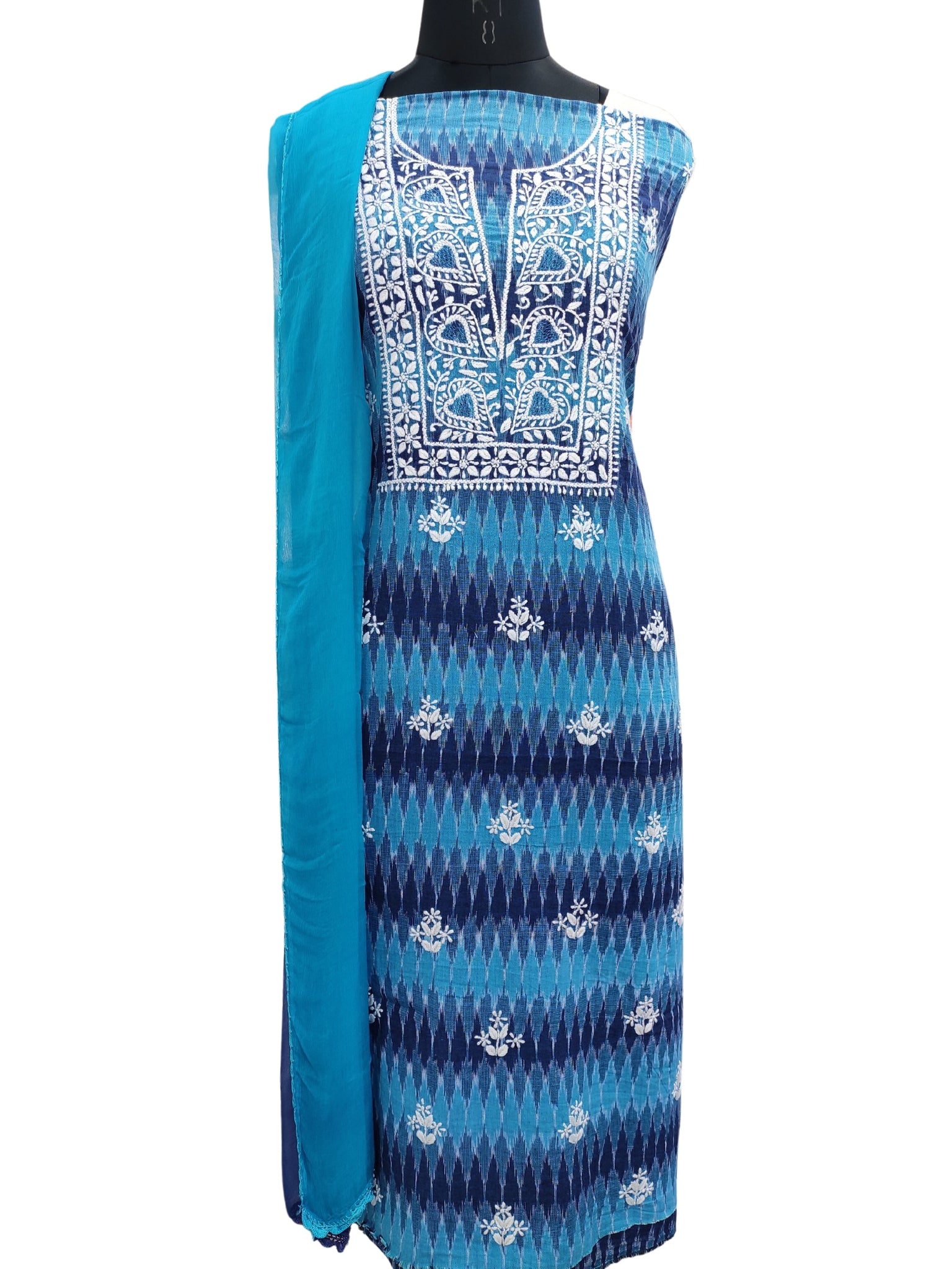 Shyamal Chikan Hand Embroidered Blue Ikat Cotton Lucknowi Chikankari Unstitched Suit Piece - S20447