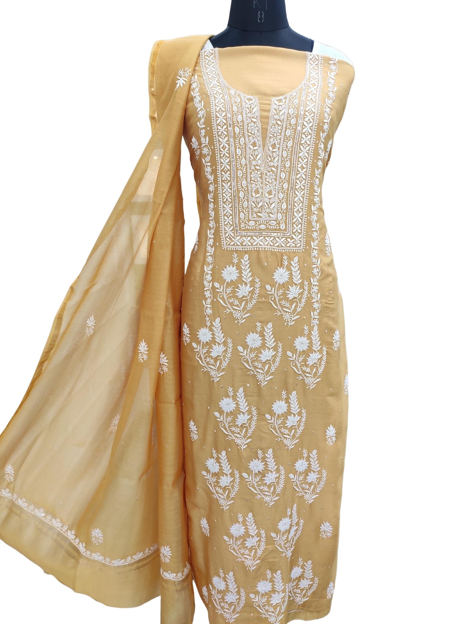 Shyamal Chikan Hand Embroidered Golden Yellow Chanderi Lucknowi Chikankari Unstitched Suit Piece with Pearl & Sequin Work (Kurta Dupatta Set) - S20707