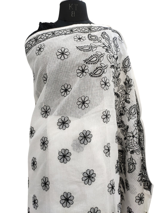 Shyamal Chikan Hand Embroidered White Kota Cotton Lucknowi Chikankari Saree With Blouse Piece - S22624