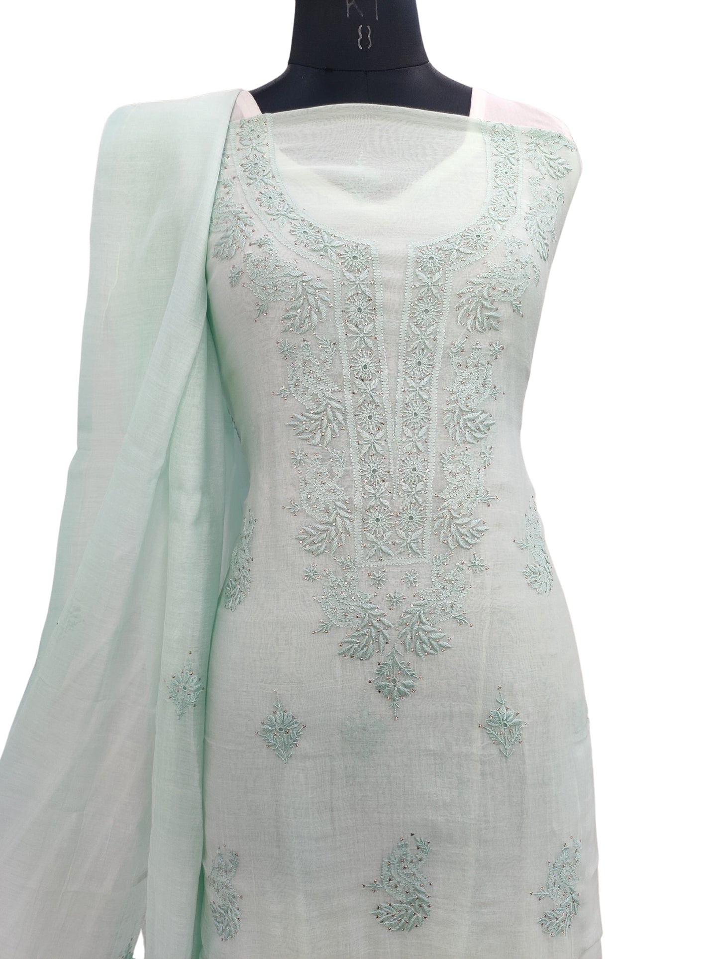 Shyamal Chikan Hand Embroidered Green Mul Chanderi Lucknowi Chikankari Unstitched Suit Piece With Mukaish Work (Kurta Dupatta Set) - 23896