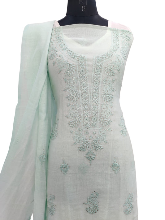 Shyamal Chikan Hand Embroidered Green Mul Chanderi Lucknowi Chikankari Unstitched Suit Piece With Mukaish Work (Kurta Dupatta Set) - 23896