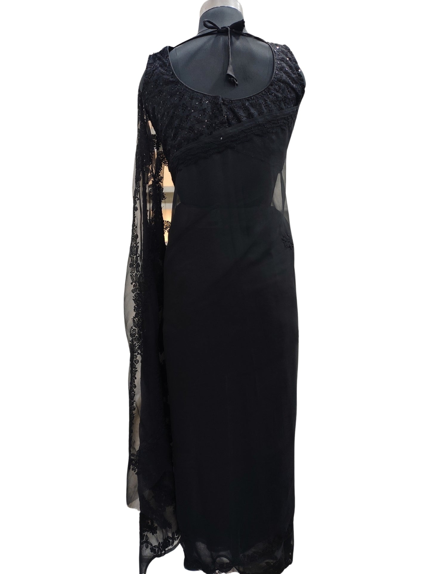 Shyamal Chikan Hand Embroidered Black Georgette Lucknowi Chikankari Saree With Blouse Piece - S21616