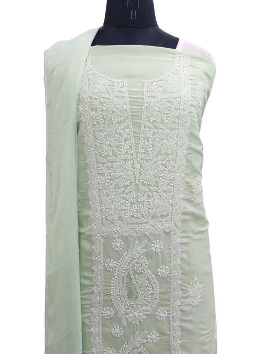 Shyamal Chikan Hand Embroidered Green Cotton Lucknowi Chikankari Unstitched Suit Piece With Jaali Work - S22591