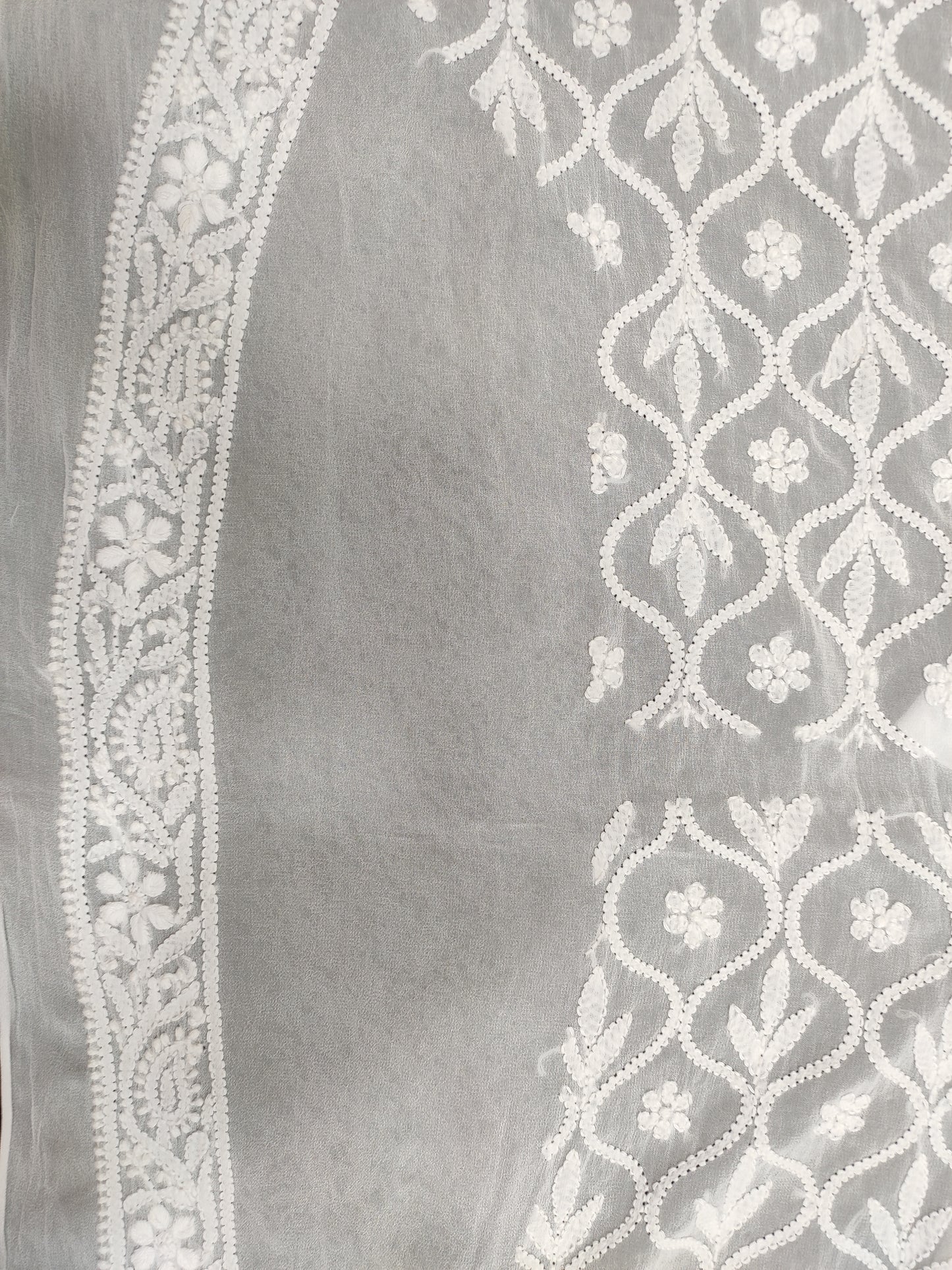 Shyamal Chikan Hand Embroidered White Viscose Georgette Lucknowi All-Over Chikankari Unstitched Men's Kurta Piece – S19914