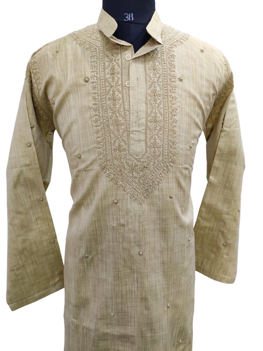 Shyamal Chikan Hand Embroidered Green Cotton Lucknowi Chikankari Men's Kurta – S21186