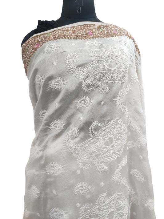 Shyamal Chikan Hand Embroidered White Pure Silk Lucknowi Chikankari Saree With Blouse Piece- S22551