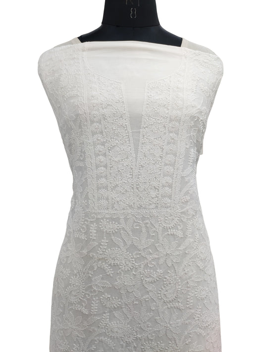 Shyamal Chikan Hand Embroidered White Chanderi Silk Lucknowi Chikankari Unstitched Kurta Piece - S18266